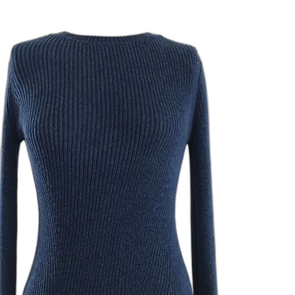 Intermix Blue Stretch Knit Long Sleeve High Neck Ruffle Midi Sweater Dress - S - Picture 2 of 9